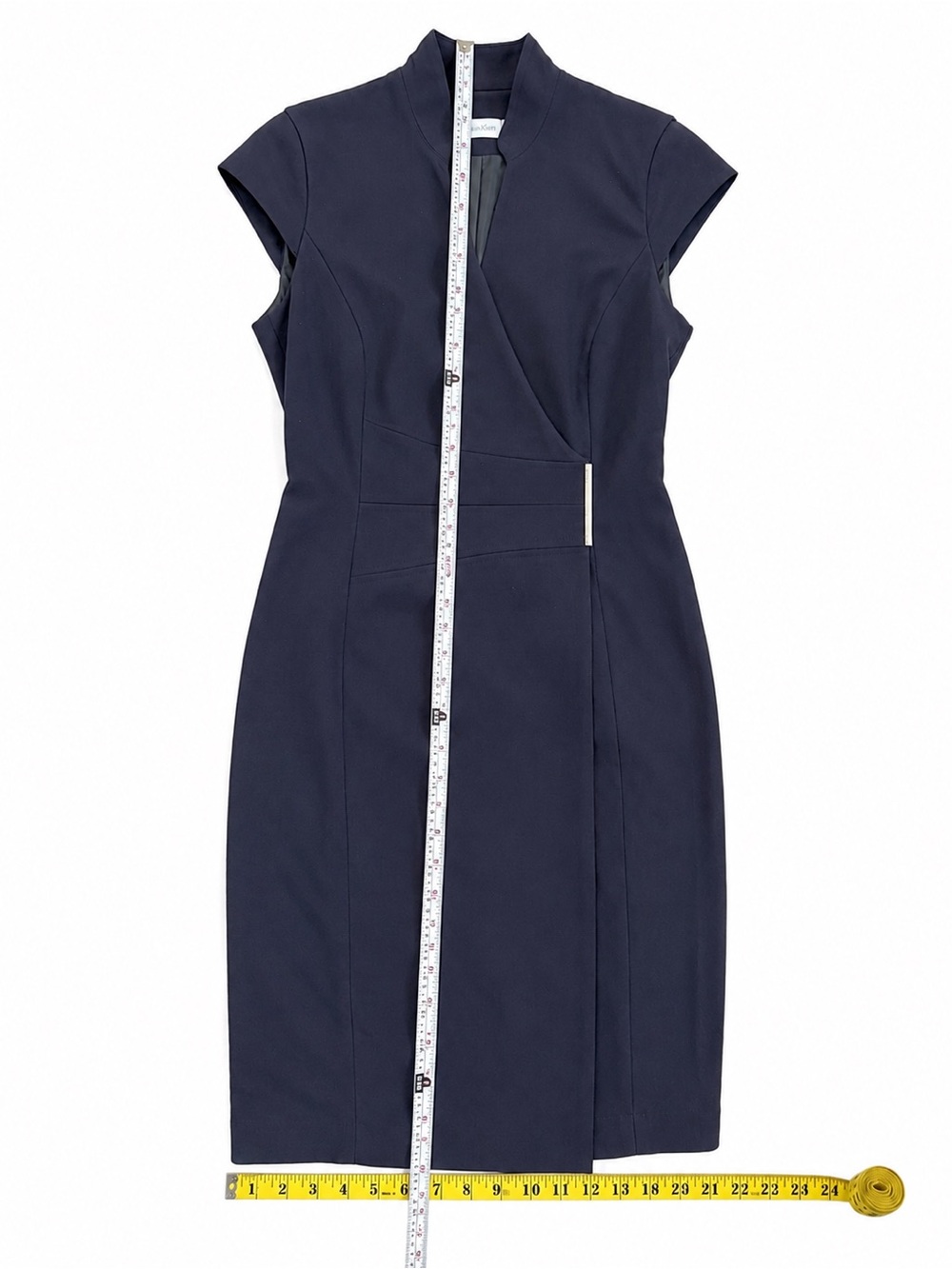 Calvin Klein (Carolyn Bassett) Style Navy Cap-Sleeve Wrap Sheath Dress Size 2 - Picture 5 of 7